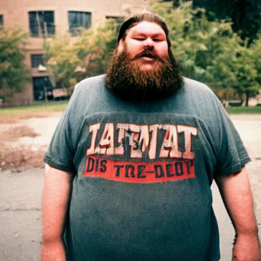 Image similar to obese redneck man with long beard wearing dirty and tattered harvard shirt, kodak gold 2 0 0,