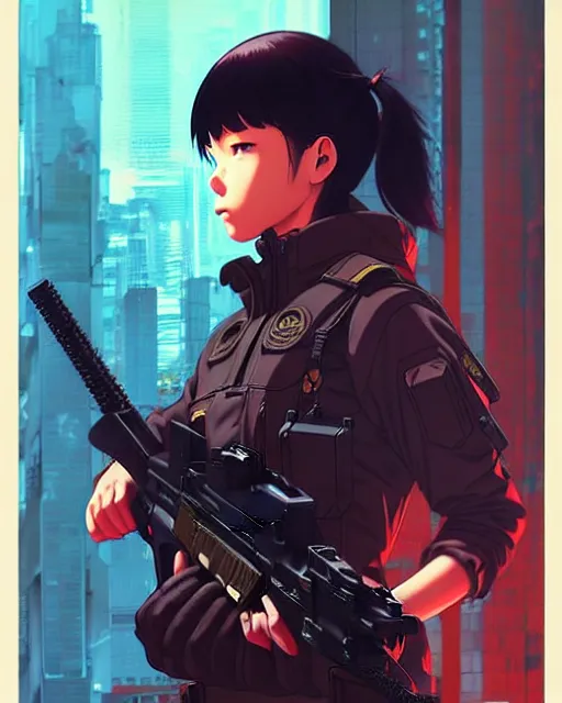 Image similar to girl wearing in tactical gear | | audrey plaza, fine detail!! anime!! realistic shaded lighting!! dramatic!! poster by ilya kuvshinov katsuhiro otomo ghost - in - the - shell, magali villeneuve, artgerm, jeremy lipkin and michael garmash and rob rey