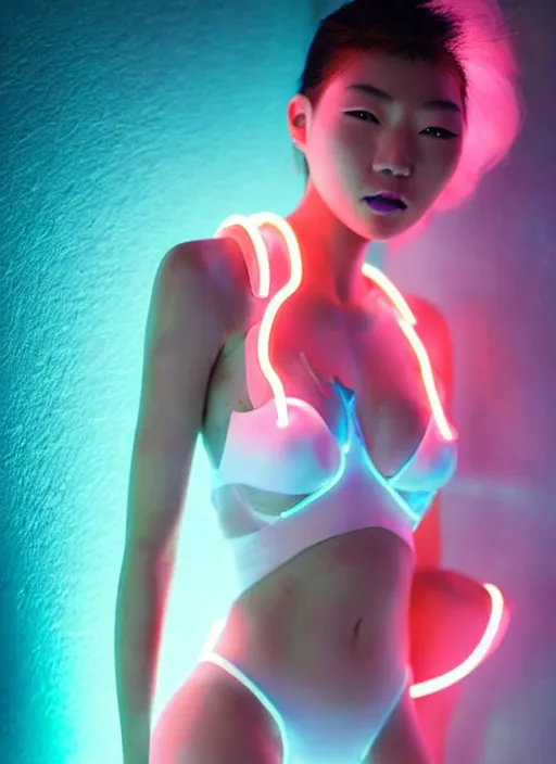 Prompt: an asian female humanoid with freckled cheeks, cyber neon lighting, futurism, intricate futuristic led lit jewelry, cyberpunk glossy white latex swimwear, profile posing, hyper photorealistic, crispy quality, digital photography, trending in artstation, trending in pinterest, cinematic, 4 k ultra hd, art by pascal blanche, art by greg rutkowski,