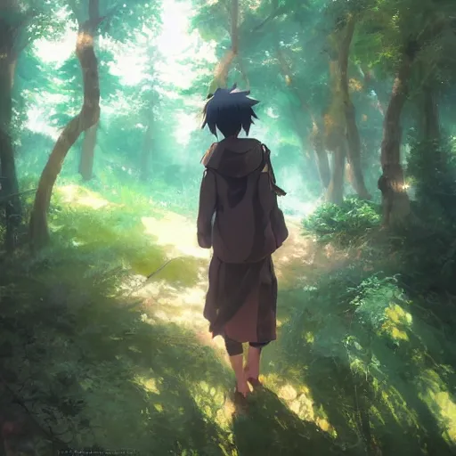 Image similar to anime character in the woods, hyperrealistic, trending on pixiv fanbox, painted by greg rutkowski makoto shinkai takashi takeuchi studio ghibli, akihiko yoshida