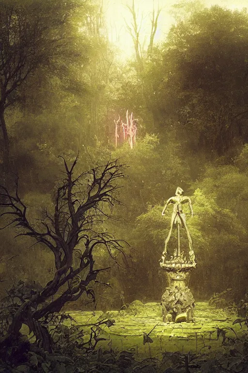 Image similar to dark gardens, bronze statue of satan by pond, bright sunshine crepuscular rays, stately home visible in distance through trees, ruan jia, david curtis, john berkey, boris vallejo, zdzislaw beksinski, carl spitzweg, everett raymond kinstler, norman rockwell