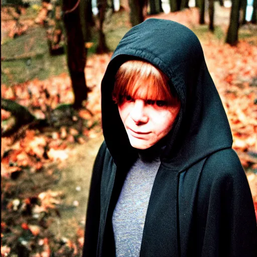 Prompt: woman in black hooded cloak holds a horned gremlin, kodak vision 3 500t