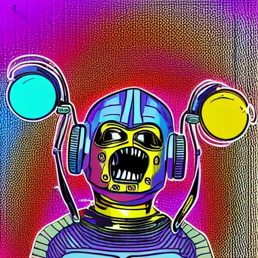 Image similar to artgerm, psychedelic laughing c 3 p 0, rocking out, headphones dj rave, digital artwork, r. crumb, svg vector