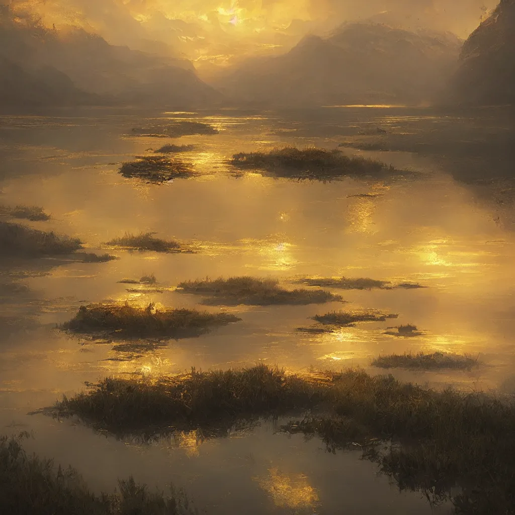 Image similar to lake filed with molten gold, volume lighting, concept art, by greg rutkowski