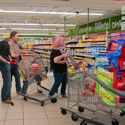 Prompt: a group of unhealthy and disturbing looking people angrily yelling at you at the checkout stand at walmart, threatening violence with seasonal items, film photography, dof 1. 3, 8 0 mm, octane render