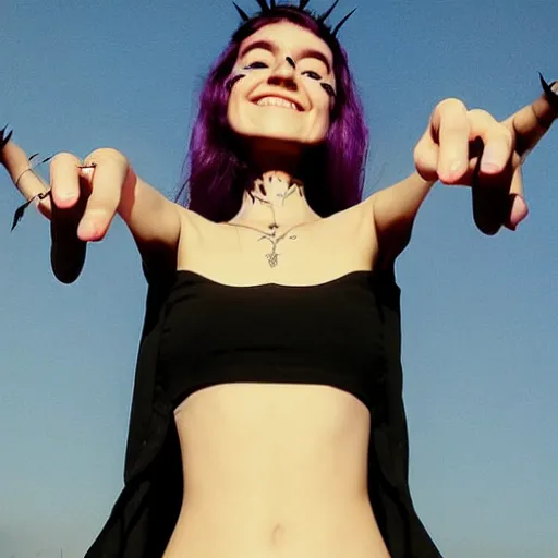 Prompt: thin goth girl, no piercings, very foreshortened from above, arm extending to sky giving glowing middle finger, smiling defiantly