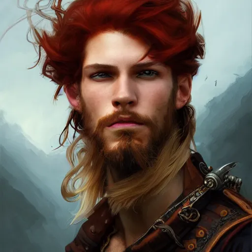 Prompt: portrait of a young rugged pirate, male, masculine, upper body, red hair, long hair, d & d, fantasy, intricate, elegant, highly detailed, steampunk, airship, digital painting, artstation, concept art, matte, sharp focus, illustration, art by artgerm and greg rutkowski and alphonse mucha