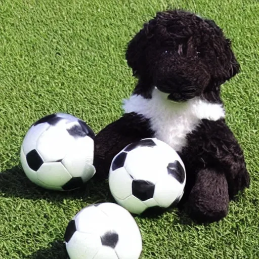 Image similar to bernedoodle puppy stuffed animal playing soccer