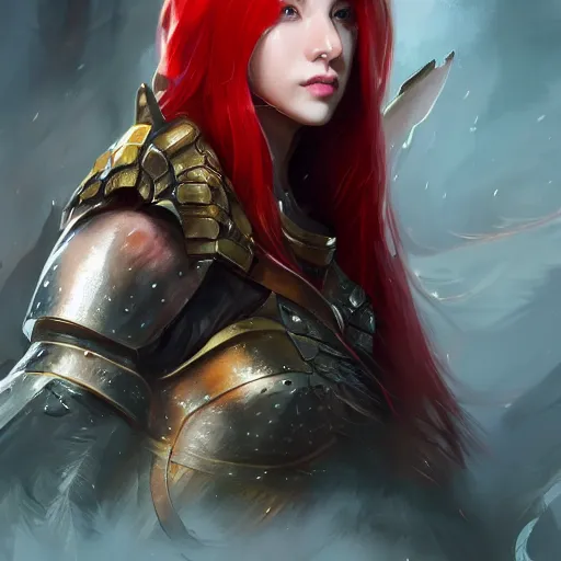 Prompt: fantasy portrait of a young beautiful veteran female warrior with red hair , made by Stanley Artgerm Lau, WLOP, Rossdraws, ArtStation, CGSociety, concept art, cgsociety, octane render, trending on artstation, artstationHD, artstationHQ, unreal engine, 4k, 8k,