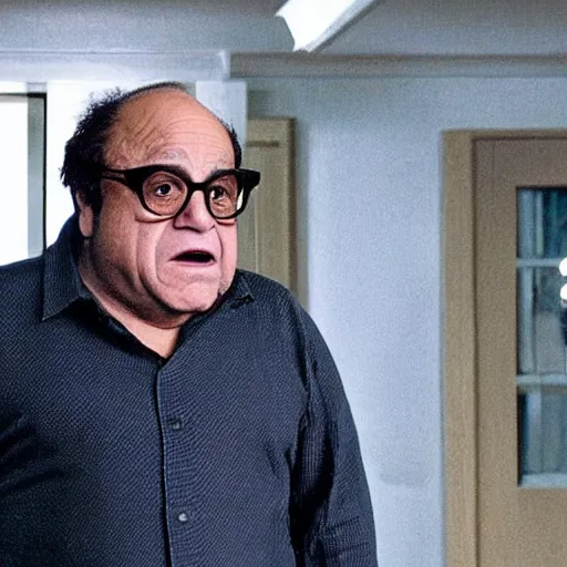 Image similar to a screenshot of Danny Devito playing an unmasked Peter Parker Spiderman in Spiderman: No Way Home