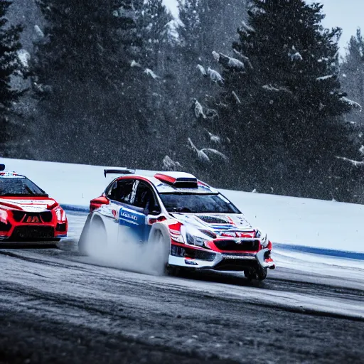 Prompt: rally cars racing through snow on a mountain, snowing fast image motion blur 8k