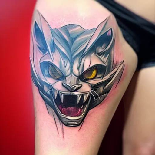 Image similar to a tatoo of rengar from league of legends,