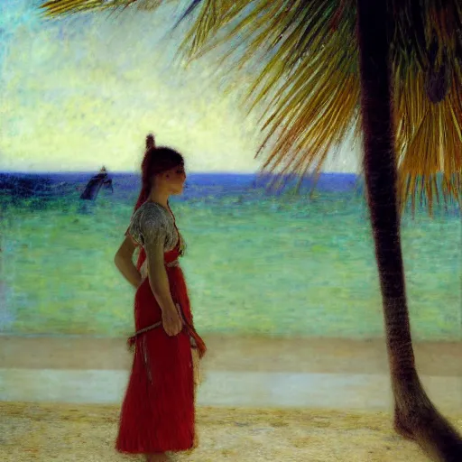 Image similar to a ultradetailed beautiful painting of a girl in the amazonas palace designed by jules bastien - lepage, hans belmer, frank weston and gustave baumann, beach, trending on artstation, mediterranean, palm trees, light sparkles, sharp focus, soft light, 8 k 4 k