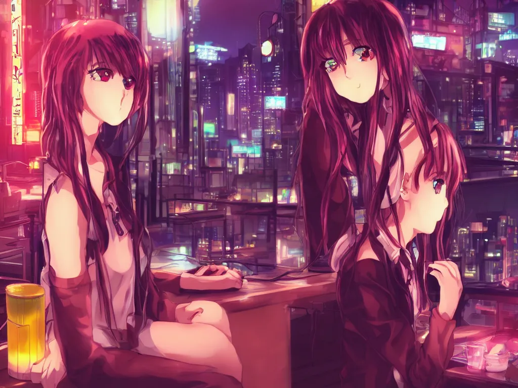 Image similar to lonely anime girl in a cyberpunk city bar at night, detailed, cute perfect face