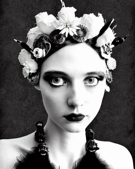 Image similar to a black and white high quality dreamy photo of a young beautiful female queen-pale dragon-vegetal-many big steampunk flowers-cyborg bust with a very long neck, elegant, highly detailed, poetic, soft, dreamy, mysterious, high fashion, rim light, in the style of Diane Arbus, Realistic, Refined, Digital Art, Highly Detailed, Cinematic Lighting, rim light, black and white, photo-realistic, 8K