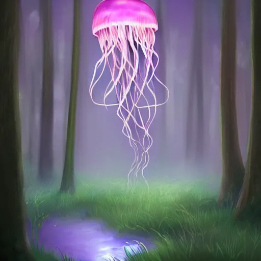 Image similar to a magical forest filled with floating glowing jellyfish, concept art, digital painting, deviantart, artstation