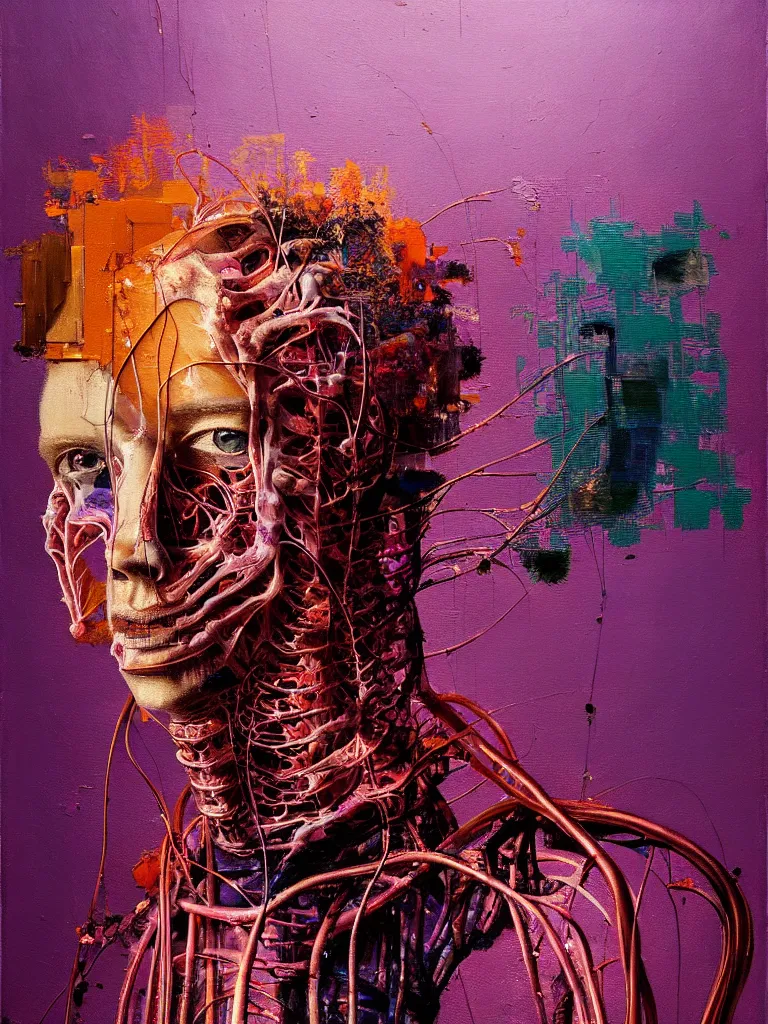 Image similar to a beautiful glitched painting by robert proch of an anatomy study of the human nervous system, color bleeding, pixel sorting, copper oxide and rust materials, brushstrokes by jeremy mann, cold top lighting, pastel purple background