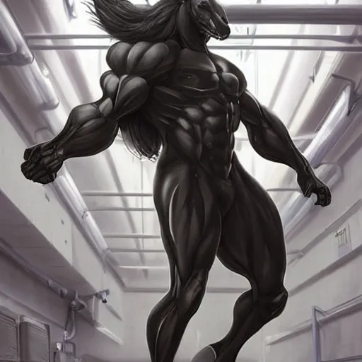 Image similar to splash art of a hyper - muscular black - coated anthropomorphic horse character in a research facility wearing a combat kevlar outfit, long hair, exaggerated muscles, highly detailed, furry, furaffinity, digital painting, artstation, sharp focus, illustration, art by artgerm, greg rutkowski, alphonse mucha