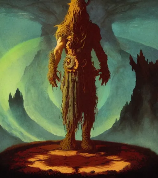 Image similar to a druid standing in a circle at the beginning of the world by alan lee and peter mohrbacher and frank frazetta and mike mignola