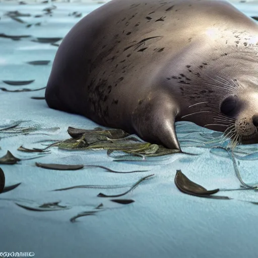 Image similar to A seal sleeping peacefully in a kelp forest, cinematic, hyper realistic, detailed, 8k, octane render.