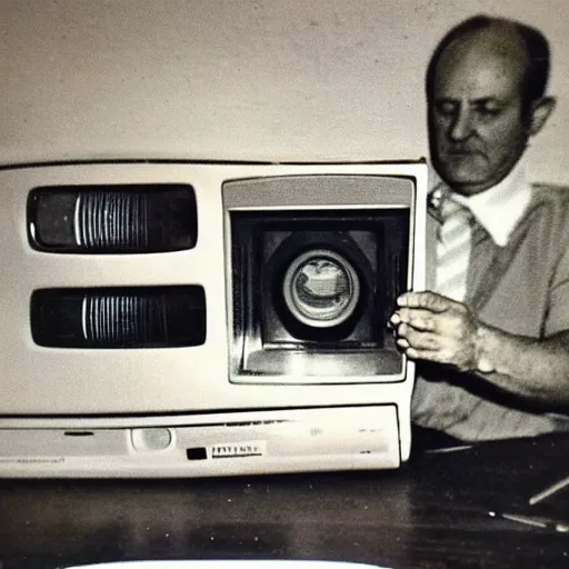 Image similar to polaroid photo of my dad trying to fix our old TV from the 50's, photo taken em 1976, in color