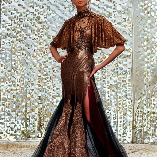 Image similar to exclusive evening dress made of bronze transparent fabric fantasy with colored flower petals made of fabric. intricate asymmetrical patterns. an elegant hat. hyperrealistic photos, clear details.