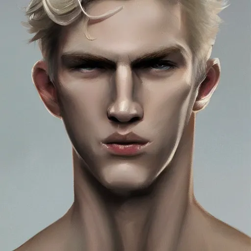 Image similar to Pale blond Lucius with closed eyes smiling, clean shaven young androgynous, very detailed sharp angular masculine face, hooked nose and square jaw, long fluffy curly blond hair, very very very extremely light blond hair, gorgeous, beautiful, intricate, highly detailed, digital painting, artstation, concept art, sharp focus, illustration, art by greg rutkowski and alphonse mucha