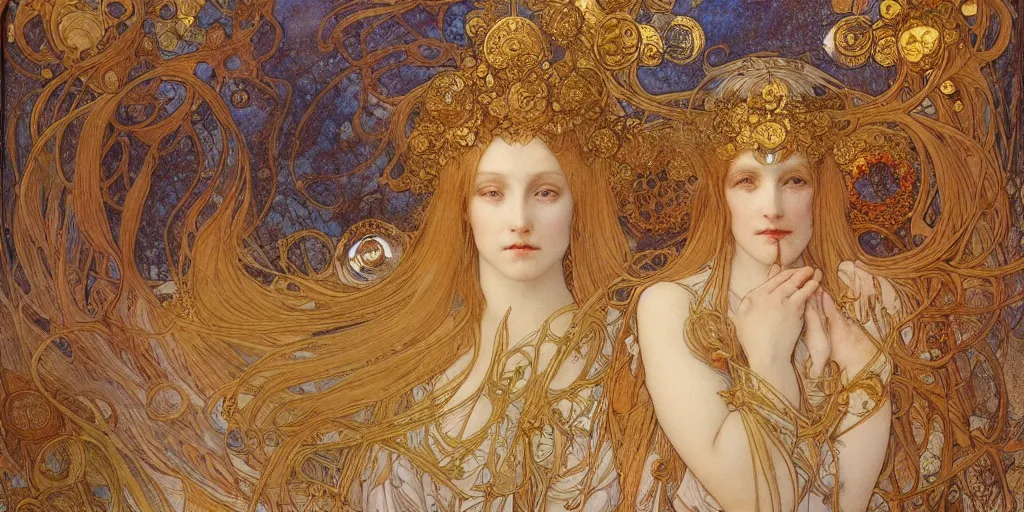 Image similar to portrait burning saint face, venus, athena, halo, by alphons mucha and annie swynnerton and jean delville, strong dramatic cinematic lighting, ornate headdress, flowing robes, spines, flowers, stars, lost civilizations, smooth, sharp focus, extremely detailed, marble, molten gold, space