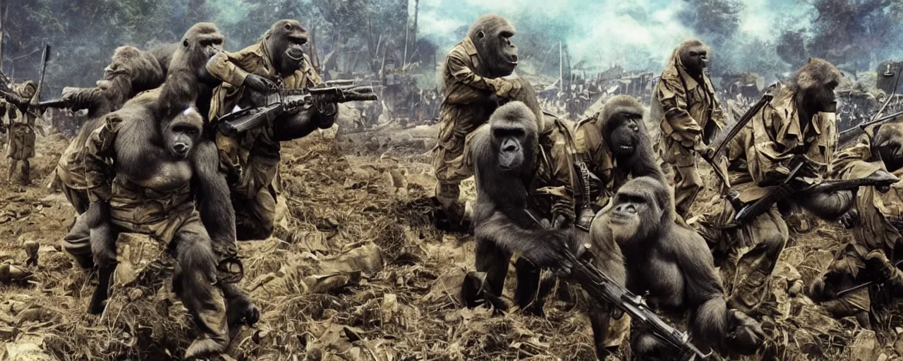 Image similar to militant gorilla soldiers are plundering a small town, beautiful render, war time, colorful,