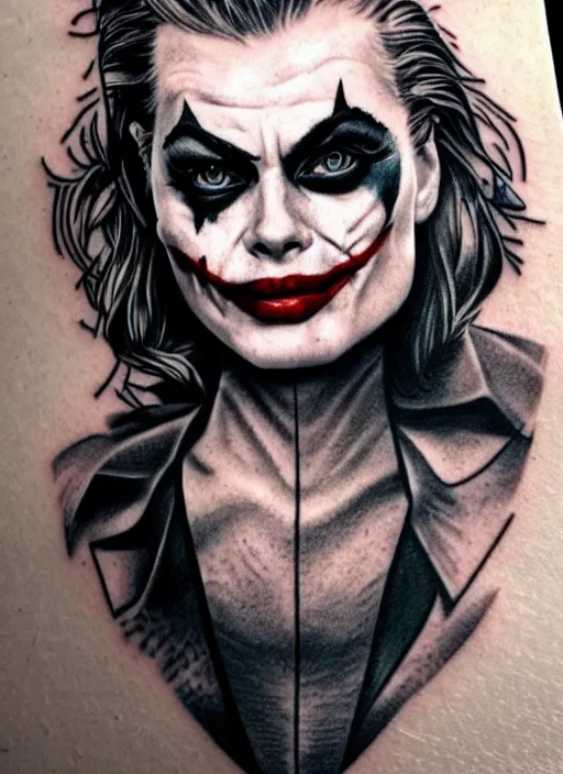 Prompt: tattoo design of margot robbie with joker makeup, ace card, in the style of tony santos, realistic face, black and white, realism tattoo, hyper realistic, highly detailed