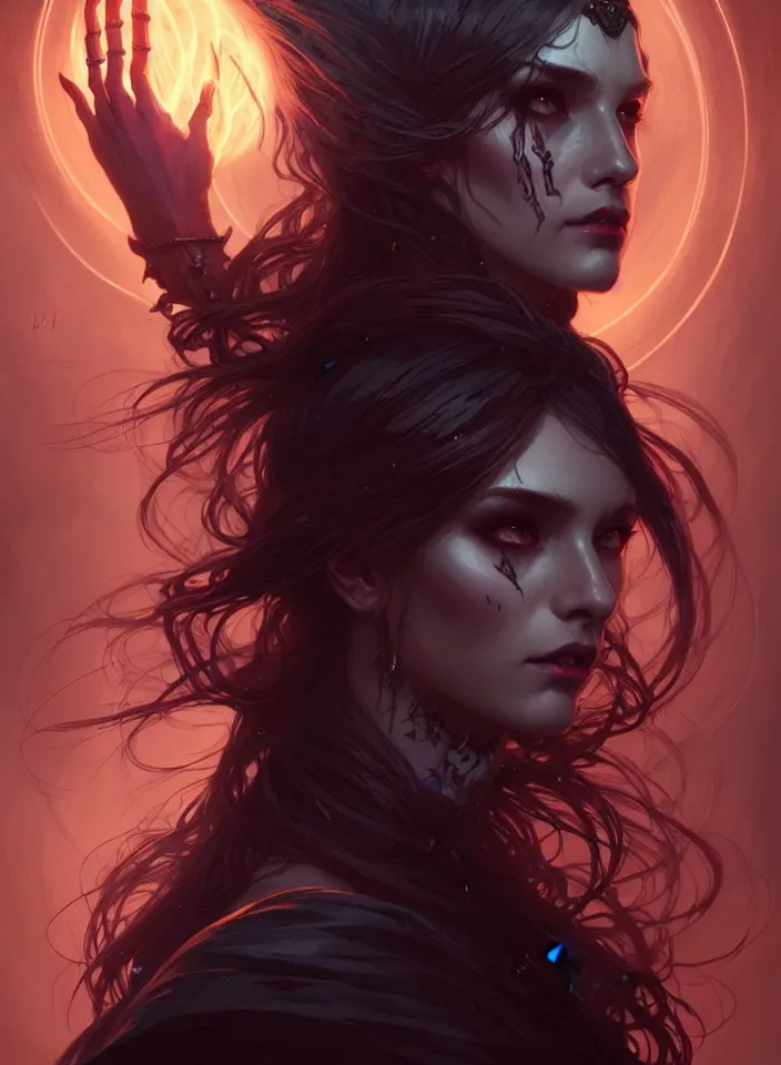 Image similar to Necromancer Sorceress face in center, fantasy magic, undercut hairstyle, dark light night, intricate, elegant, sharp focus, illustration, highly detailed, digital painting, concept art, matte, art by WLOP and Artgerm and Greg Rutkowski and Alphonse Mucha, masterpiece