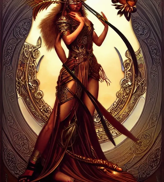 Image similar to goddess of the hunt, tarot card, ornate, digital art by artgerm and karol bak