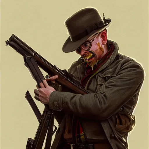 Image similar to portrait of simon pegg in the london of suburbs, winchester rifle, zombie apocalypse, joyful smirk, intricate, elegant, highly detailed, digital painting, artstation, concept art, matte, sharp focus, illustration, art by artgerm and greg rutkowski and alphonse mucha