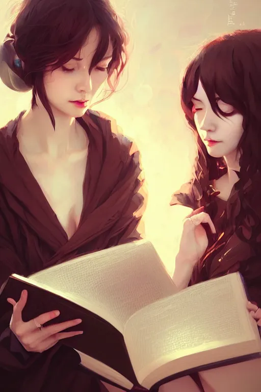 Prompt: portrait of two wise and very beautiful women reviewing a book, art by guweiz, intricate, elegant, highly detailed, smooth, sharp focus, artstation