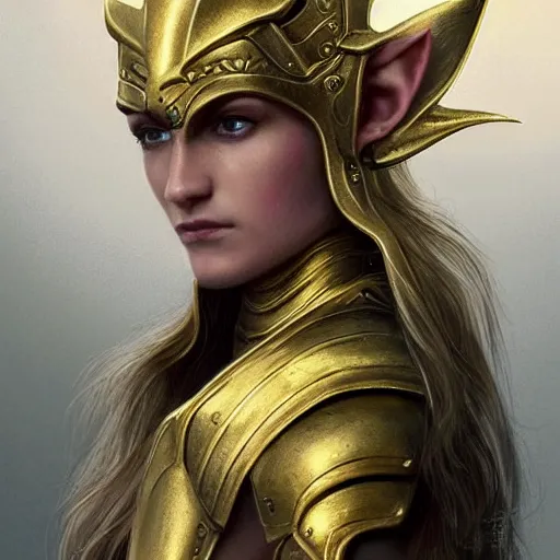 Prompt: side portrait!!! of an elven warrior, fantasy, gold armour, gold helmet, trending on artstation, gsociety, D&D, elegant, highly detailed!!!, digital painting, smooth, sharp focus, upper body, intricate, symmetrical facial features, detailed face!!!!!!!! by greg rutkowski, Alphonse Mucha, Ayami Kojima, Charlie Bowater, Karol Bak, Greg Hildebrandt