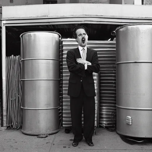 Prompt: spaghetti face man in a suit standing in front of the thrash can in san - francisco, photo 4 k, direct flash, bottom up, high resolution, film photography,