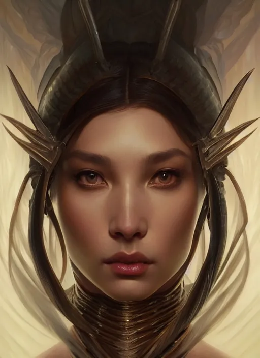 Prompt: concept art by artgerm, portrait of yautva predator, soft natural light, intricate, elegant, highly detailed, my rendition, digital painting, artstation, concept art, smooth, sharp focus, illustration, art by greg rutkowski and alphonse mucha and uang guangjian and gil elvgren, symmetry!!