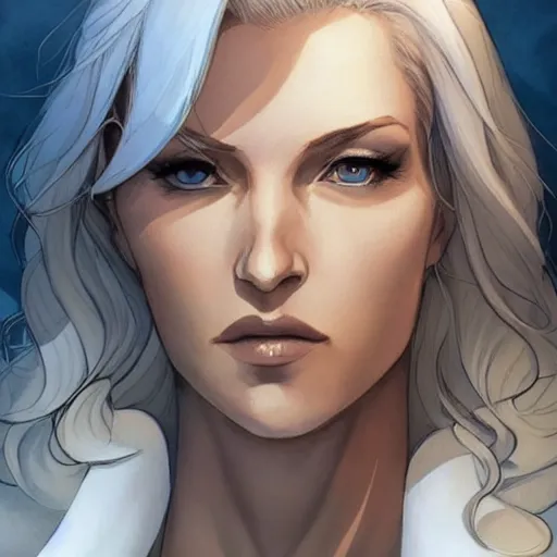 Prompt: portrait of emma frost, a beautiful woman in her 3 0 s with white blonde hair and blue eyes dressed in a fashionable white suit, detailed face, beautiful face, delicate features, smooth, sharp focus, graphic novel, art by artgerm and greg rutkowski and ardian syaf and pepe larraz,