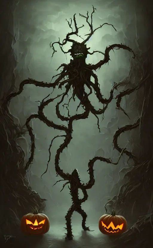 Image similar to fantasy monster concept art, a jack o lantern monster with vines for a body walking down a street of nightmares, dynamic lighting, photorealistic, trending on art station, stunning visuals, creative, cinematic, ultra detailed, atmospherical, ambient lighting, scary art, eery art