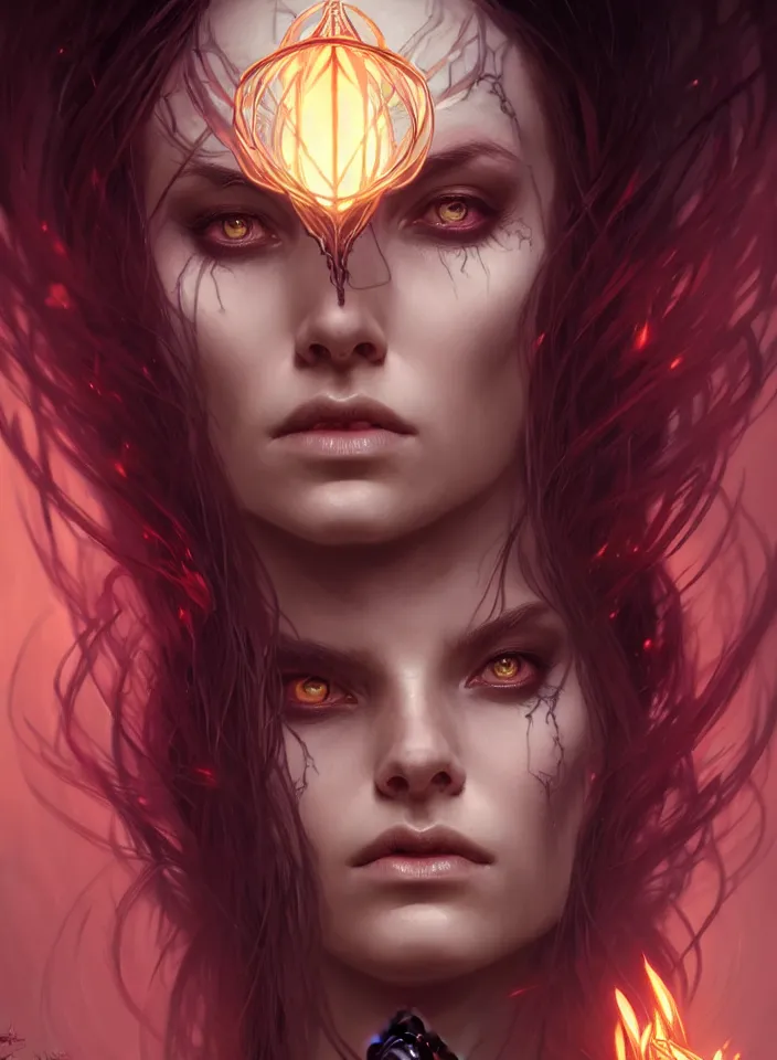 Image similar to Necromancer Sorceress face in center, fantasy magic, undercut hairstyle, dark light night, intricate, elegant, sharp focus, illustration, highly detailed, digital painting, concept art, matte, art by WLOP and Artgerm and Greg Rutkowski and Alphonse Mucha, masterpiece