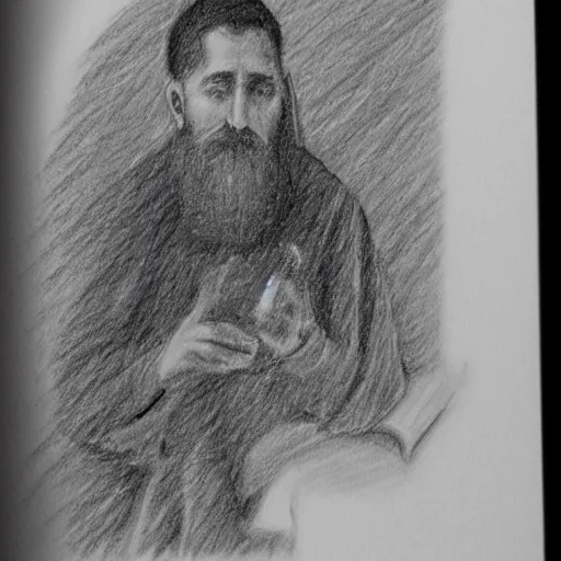 Prompt: pencil sketch of an Orthodox monk pondering a glass of wine