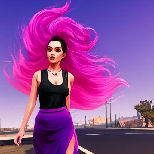 Image similar to a stunning GTA V loading screen with a beautiful woman with ombre hairstyle in purple and pink blowing in the wind, tanktop and skirt, city streets, digital art, trending on artstation