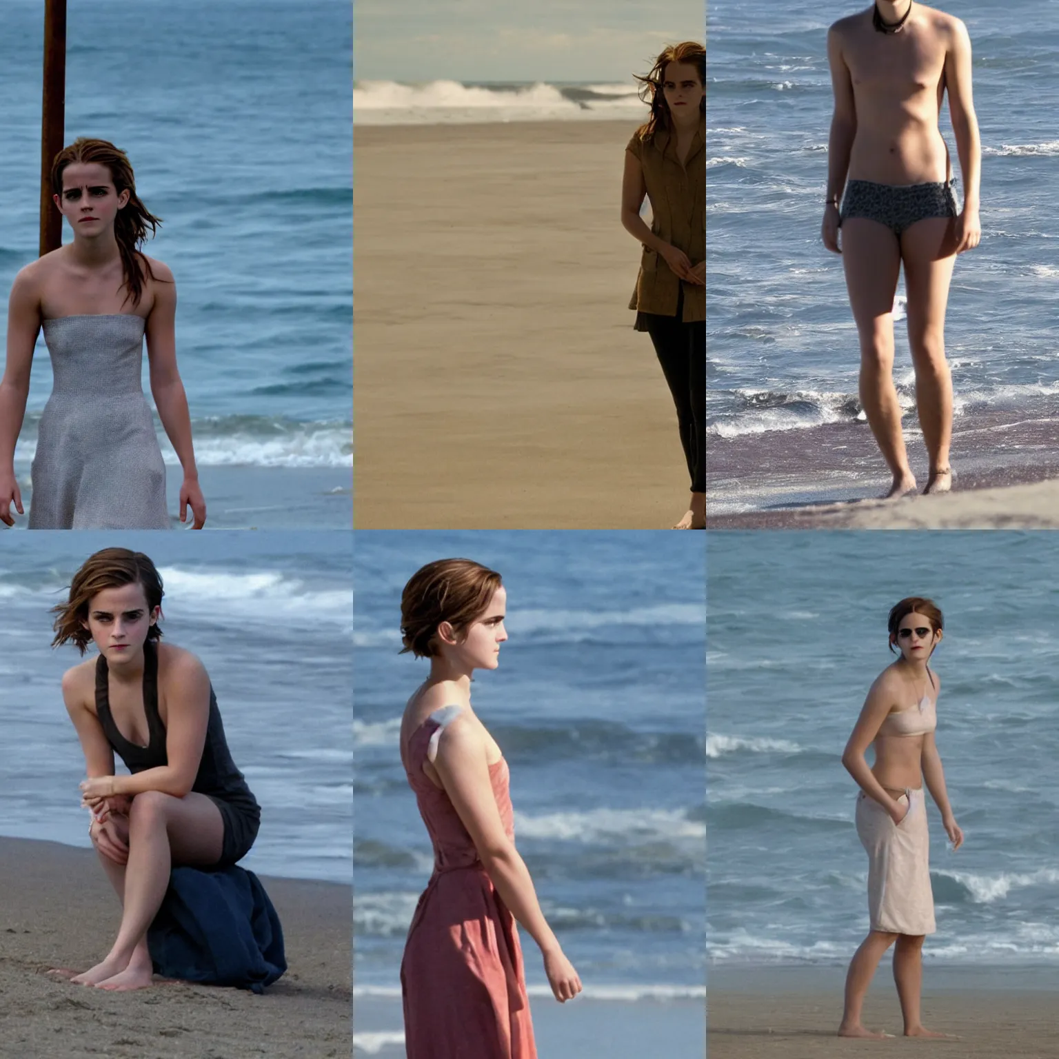 Prompt: telephoto of emma watson on a beach in a movie directed by chirstopher nolan movie still frame, promotional image, imax 7 0 mm footage
