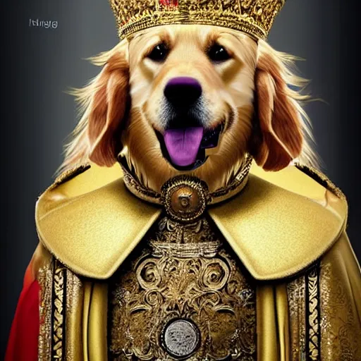 Prompt: Photomanipulation of golden retriver is dressed as a king, Royal standing, ultrarealism, photorealism, detailed, crown and gown