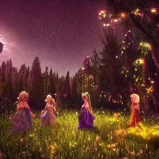 Prompt: fairies meeting in enchanted forest, starry night, art station inspired, octane render, 8 k, - hd