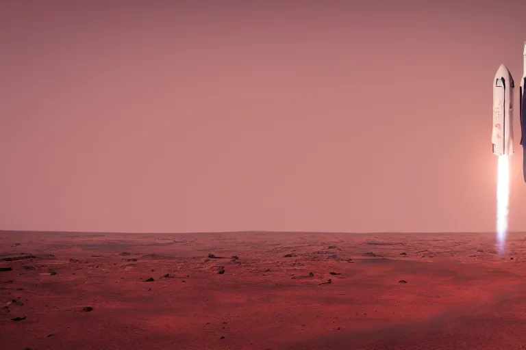 Prompt: spacex starship lifting off from the surface of mars, hazy, pink sky, cinematic, photorealistic, 4 k