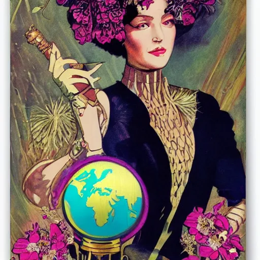 Prompt: a royal portrait of a cyborg woman. she holds a globe in one hand and flowers in the other. illustrated by burton rice. black orchid movie poster. 1 9 1 2.