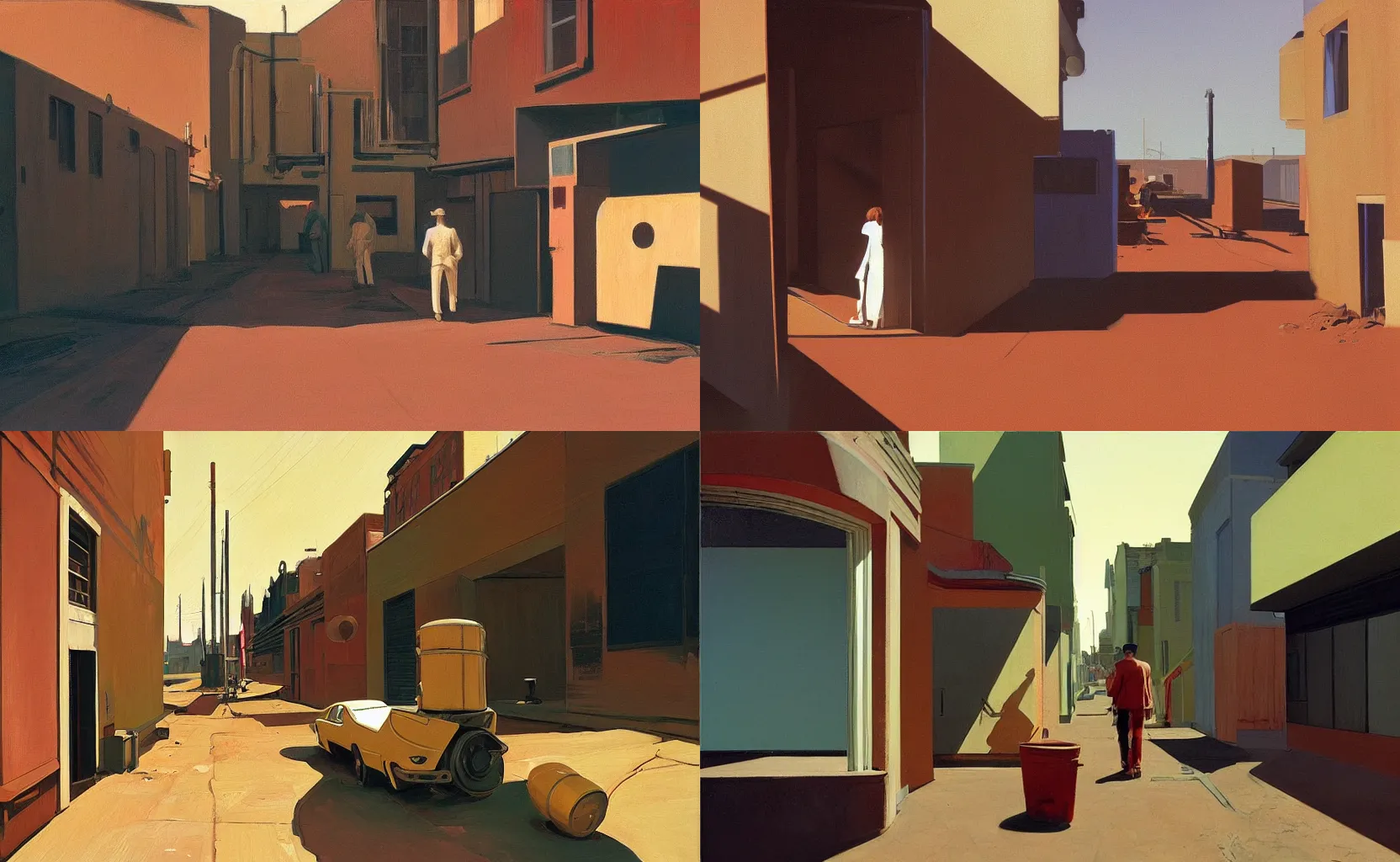 Prompt: a seedy run down alleyway on the surface of Mars, painting by Syd Mead, Edward Hopper and William Eggleston