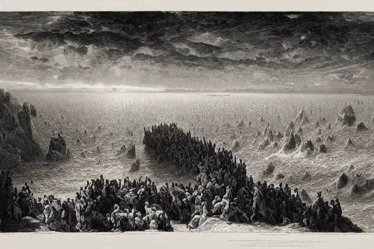 Image similar to aerial view, the biblical crossing of the red sea, Gustave Dore lithography