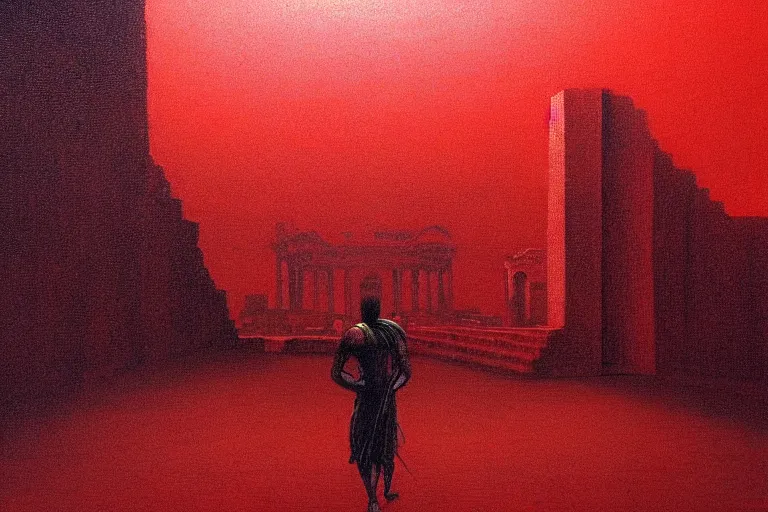 Prompt: only with red, caesar after war, a red tiger, in hoc signo vinces, rome in background, an ancient path, in the style of beksinski, part by hopper, part by rodcenko, part by hofbauer, intricate composition, red by caravaggio, insanely quality, highly detailed, masterpiece, red light, artstation